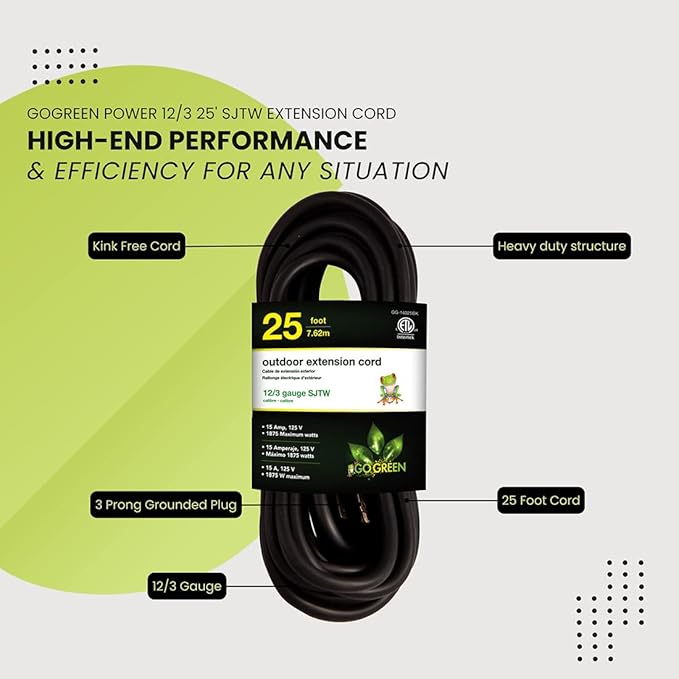 Go Green Power Inc. (GG-14025BK) 12/3 SJTW Outdoor Extension Cord, Black, 25 ft