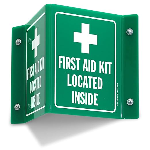 SmartSign First Aid Kit Located Inside Projecting Sign | 5" x 6", V-Shaped Acrylic Sign for Hallway, Corridor, Green and White, Made in USA