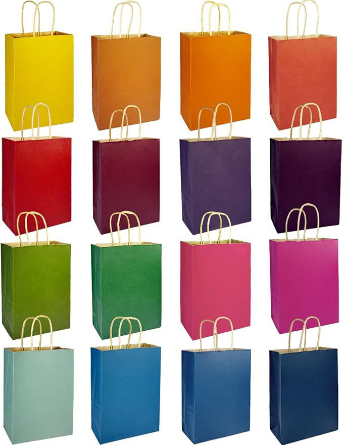qiqee 32-Packs Paper Bags with Handles Bulk 8.26"×6"×3.15" Small Gift Bags 16 Different Senior Color Bags Multiple Uses（Small Size）
