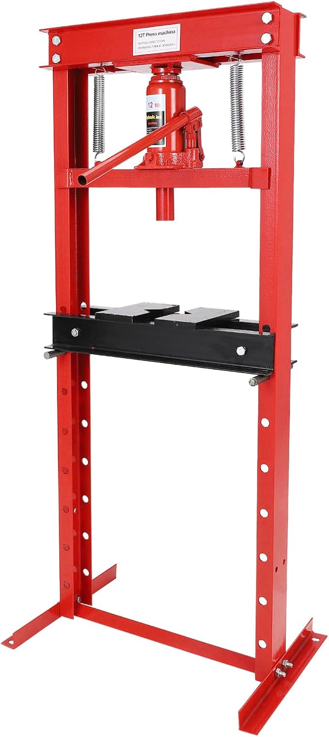 12 Ton Hydraulic Shop Press, H-Frame Garage Floor Adjustable Shop Bearing Press with Stamping Plates to Bend, Straighten, Or Press Parts, Install Bearings & U-Joints
