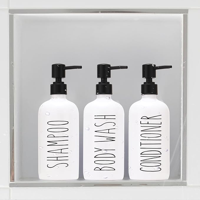 HOMCDALY Shampoo and Conditioner Dispenser Set of 3, 21oz Shower Soap Bottles with Pump, Refillable Shampoo Conditioner Body Wash Dispenser, Bathroom Shower Shampoo Bottles, shampoo container(P-White)