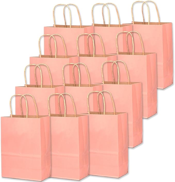 qiqee 32Pcs Small Size Light Pink Kraft Paper GIft Bags with Handles - 8.3"x6"x3.15" Kraft Small Party Bags