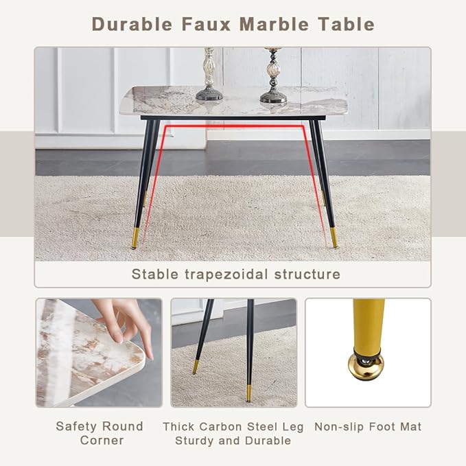 5 Pieces Modern Marble Dining Table Set, 50" Rectangular Sintered Stone Tabletop Kitchen Table with 4 PU Leather Chair Dinner Table Set for Kitchen Dining Room(Marble+4Gray Chairs)