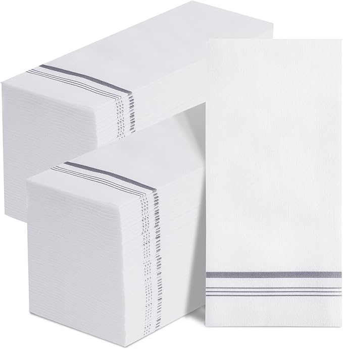 200 Disposable Paper Hand Towels for Bathroom, Linen Feel Guest Towels, Soft and Absorbent Paper Towels Napkins Bulk for Home Dinner Kitchen Wedding, 12" x 17"(Silver Trim Lined)