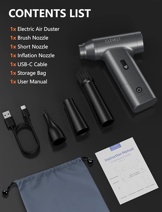 CLEVAST Compressed Air Duster – Super Power Cordless Electric Mini Air Blower, 130,000 RPM Brushless Motor, Stepless Speed Control, Rechargeable for PC, Keyboard, Car, Electronics Cleaning Kit