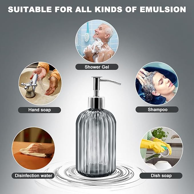 2 Pack Glass Soap Dispenser Bottle with Pump, 14 Oz Refillable Liquid Hand Jar Dispenser for Bathroom, Countertop, Kitchen, Laundry Room (Dark Grey)