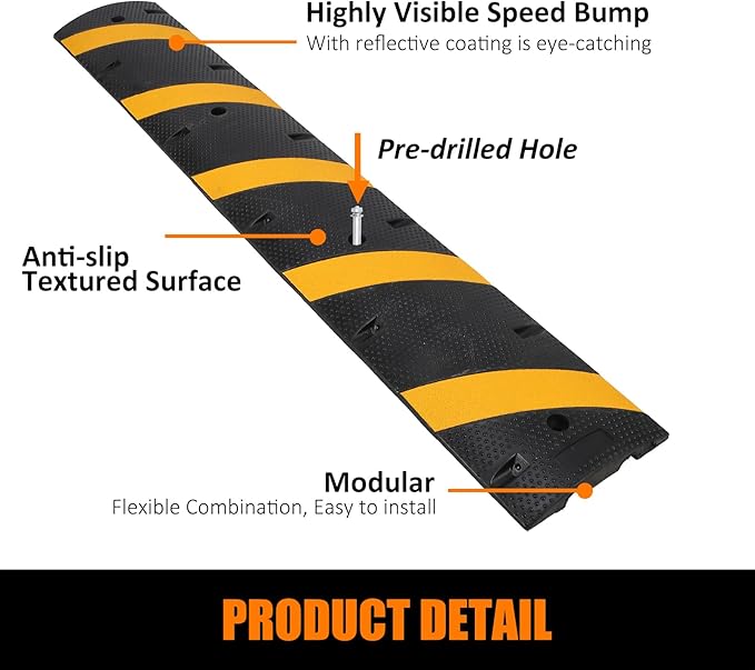 6 Ft Rubber Speed Bumps 2 Pack, Heavy Duty Speed Bumps for Driveway Rubber Gravel Road Asphalt Parking, Modular Driveway Speed Bumps Cable Protector Ramp with 8 Bolts Spikes
