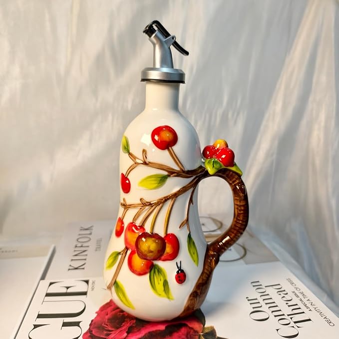 18 oz Hand-Painted Relief Ceramic Olive Oil Bottle Dispenser, with Handle Decorative Olive Oil Dispenser Bottle, for Kitchen Ceramic Oil Vinegar Bottle Seasoning Bottle with Stainless Steel Pour Spout