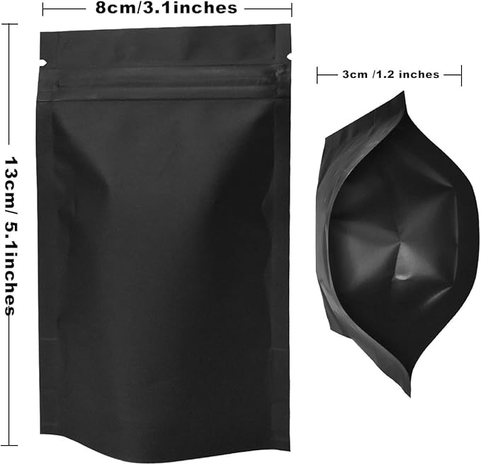 STUs 100 Pack Smell Proof Bags 3.1 x 5.1 Inch Resealable Stand-Up Mylar Bags Foil Pouch Double-Sided Pouch Matte Black