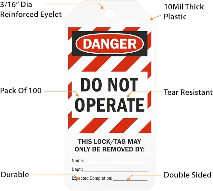 SmartSign Pack of 100 “Danger - Do Not Operate” 2-Sided Lock Out Safety Tags in Dispenser Box | 3" x 6.25" Plastic, Red White Stripes