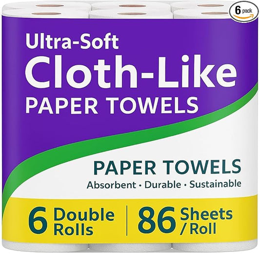 Premium Cloth-Like Paper Towels – 6 Double Rolls, 86 Sheets Each – Soft, Strong & Eco-Friendly for Kitchen & Bathroom Use
