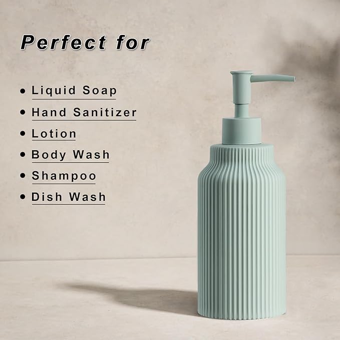 Modern Matte White Soap Dispenser for Bathroom，14oz Ceramic Soft Touch Hand Lotion Dispenser with Pump，Liquid soap Dispenser for Kitchen Rubber Paint (Green)