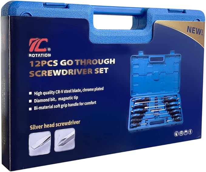 ROTATION Magnetic Screwdriver Set 12 PCS with Nichrome tips, 6 Phillips and 6 Flat Head Screwdrivers, half with Go-Thru Steel Blades, High Torque for Fastening and Loosening (Silver Tip_Gloss Blade)