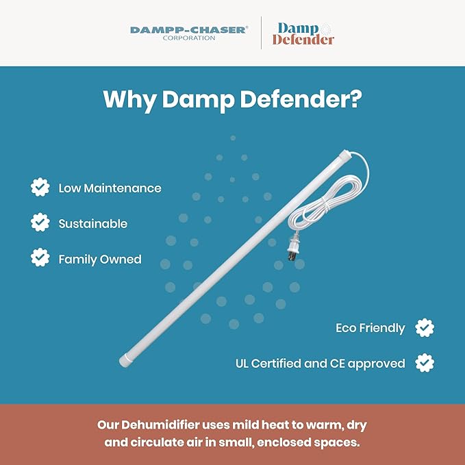 Damp Defender by Dampp-Chaser (24 Inches, White) – Compact Dehumidifier for Humidity Control in Closets, Bathrooms, Kitchens, RVs, and Boats