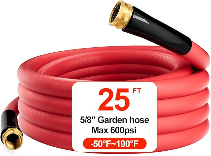 Hot/Cold Heavy Duty Water Garden Hose -50℉ to 190℉, Water Garden Hose 25 ft x 5/8'', 600Psi & Lightweight & Flexible Rubber Hose with 3/4'' Brass fittings for Outdoor, Yard, RV