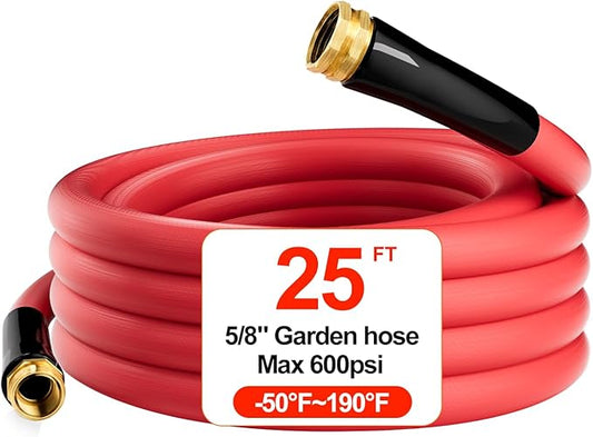 Hot/Cold Heavy Duty Water Garden Hose -50℉ to 190℉, Water Garden Hose 25 ft x 5/8'', 600Psi & Lightweight & Flexible Rubber Hose with 3/4'' Brass fittings for Outdoor, Yard, RV