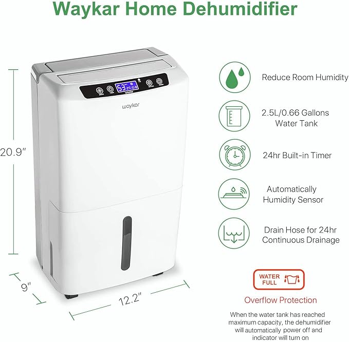 Waykar 2000 Sq. Ft Dehumidifier for Home and Basements, with Auto or Manual Drainage, 0.66 Gallon Water Tank Capacity