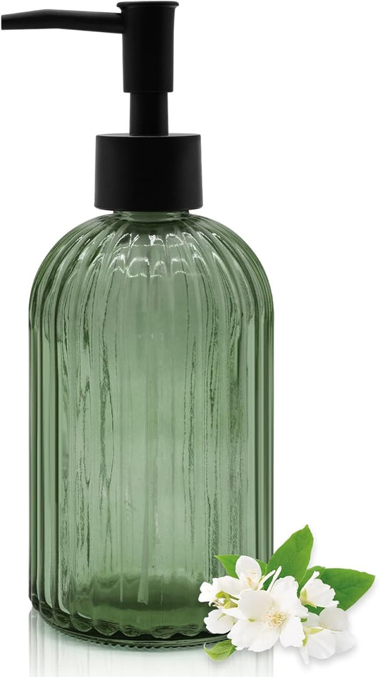 14oz Green Glass Soap Dispenser with Black Pump – Refillable for Hand Soap, Dish Soap, Lotion, Suited for Kitchen, Bathroom & Laundry Room (Olive Green)
