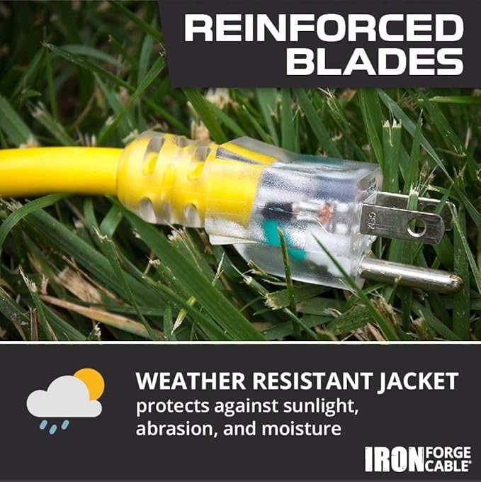 Iron Forge Cable Weatherproof 6 Ft Outdoor Extension Cord - 14/3 SJTW 15 Amp Heavy Duty Yellow Extension Cord 3 Prong - Lighted End