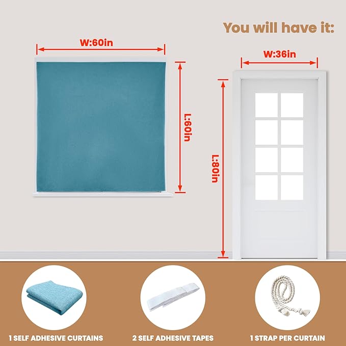 100% Blackout Curtain,Adhesive Curtain,Black Out Window Cover No Drilling Travel Kit,Perfect for Media Rooms, Dormitories and Renters (Stone Blue - W60 × L60 in)