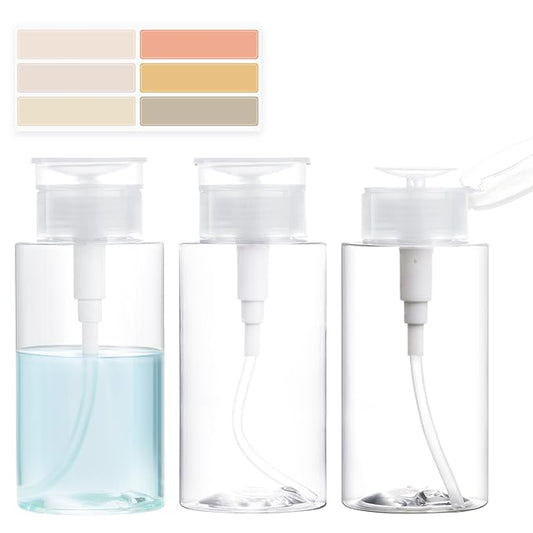3 Pack Push Down Pump Dispenser, Empty Pump Bottle Dispenser with DlY Lables for Nail Polish, Makeup Remover, Alcohol, Facial Toner 6.7oz/200ML
