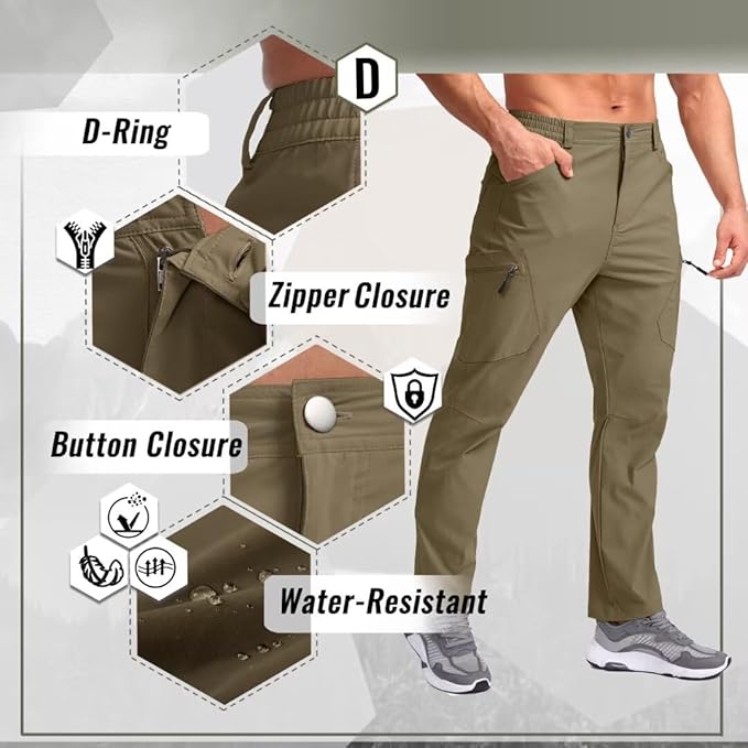 Pudolla Men's Lightweight Hiking Pants with 7 Pockets Quick Dry Water Resistant Fishing Travel Pants