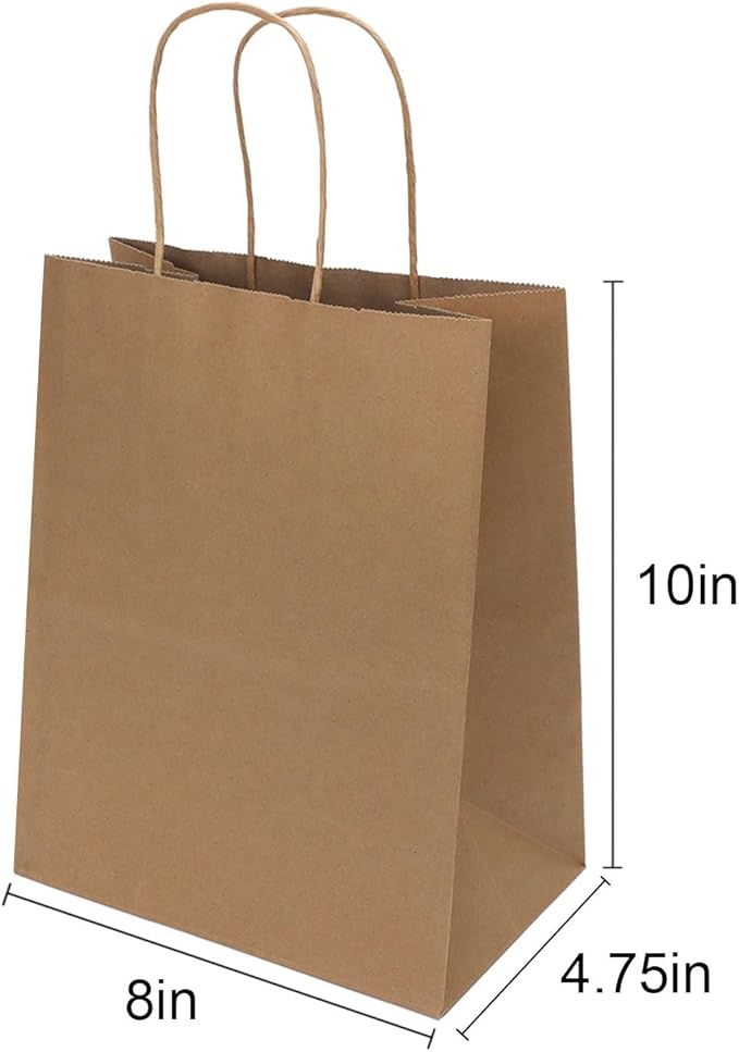 100 Pack 8x4.75x10 Inch Medium Brown Paper Bags with Handles Bulk, Joybe Kraft Paper Gift Bags for Birthday Party Favors Grocery Retail Shopping Business Goody Craft Blank Sacks (Plain Natural 100pcs)