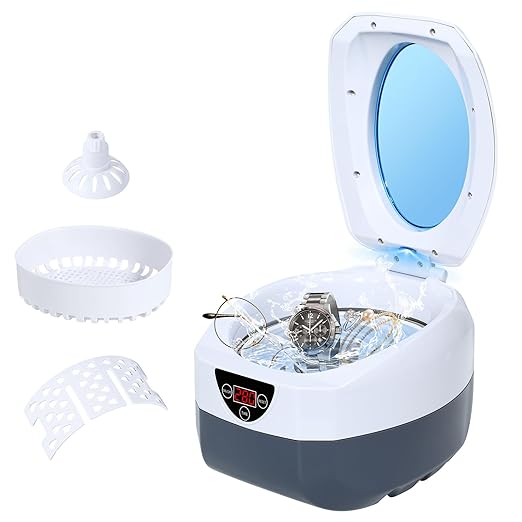 Jewelry Cleaner, Professional Ultrasonic Jewellery Cleaner with Timer, Portable Household Jewelry Cleaning Machine for Eyeglasses, Rings, Razors, Coin, Earrings, Necklaces, Watches, Denture 750 mL