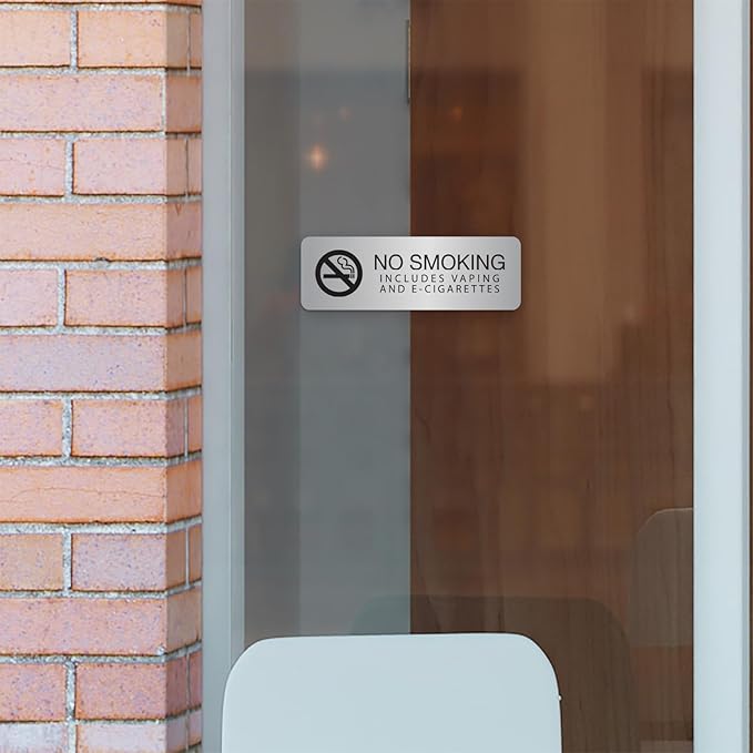 Silver No Smoking Includes Vaping And E-Cigarettes Sign / 3" x 9" Easy Adhesive Indoor Wall Sign/Hotel Restaurant Small Business Alternative Door Mount Notice/Made In The USA