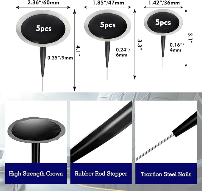 Tire Repair Patch Tool Kit Including Tire Patch Plugs in 3 Size, Tungsten Steel Buffing Wheel, Tire Patch Roller with 4mm Twist Drill Bit for Vehicle