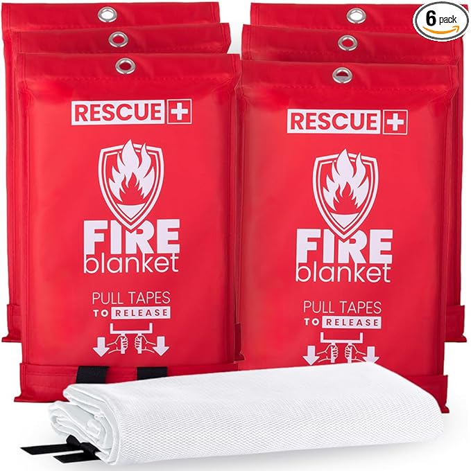Rescue+ Emergency Fire Blankets – 6 Pack, 40” x 40” Fiberglass Flame Retardant Safety Blanket for Home, Kitchen, Workplace, Travel, Camping, and Car Emergencies