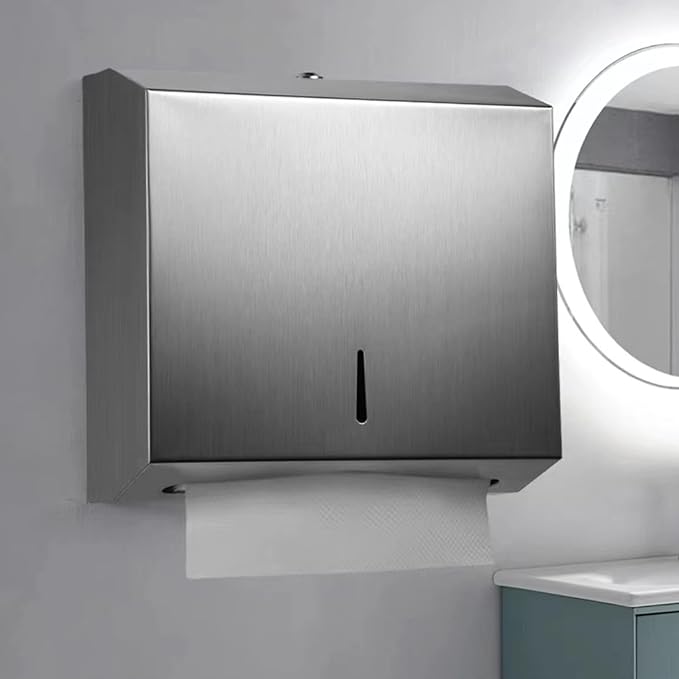 Stainless Steel Paper Towel Dispenser Wall Mounted Lockable Toilet Tissue Holder Rustproof Paper Towel Dispenser Box for Bathroom Hotel Public Restroom 304 Stainless Steel