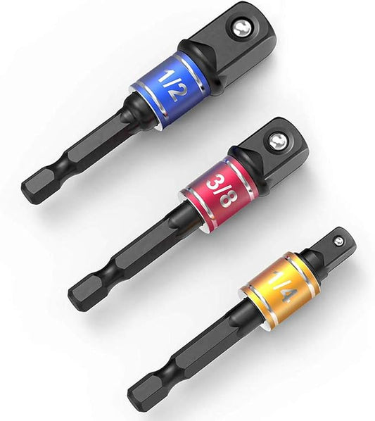 Socket Adapter Extension Set, 1/4, 3/8, 1/2 Inch Hex Shank, Impact Grade, Power Drill to Socket Converter, 3-Piece (Black)