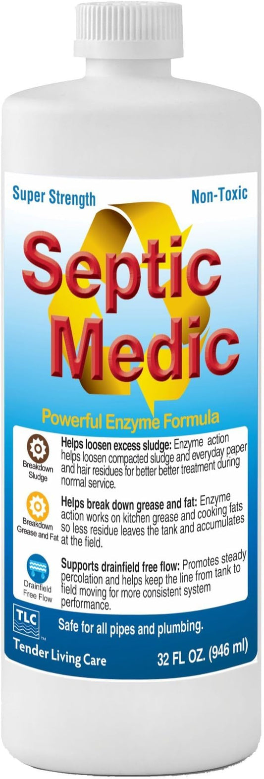 Septic Medic Septic Tank Treatment, Enzyme System Cleaner, Breakdown Sludge, Breakdown Grease and Fat, Supports Drainfield and Leach Field Free Flow, Backed by Science, 32 oz (1 Quart)