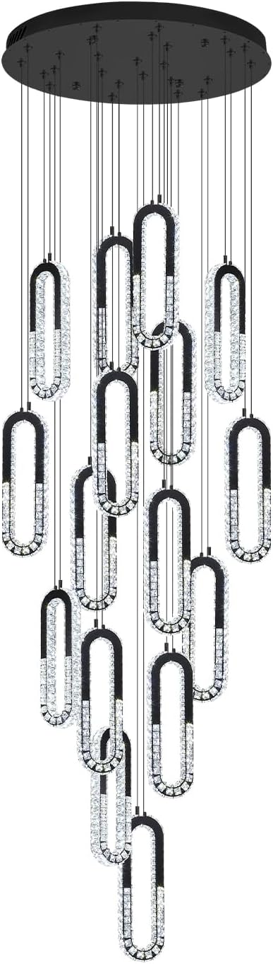 H138 Large Chandelier for High Ceiling,Modern 16-Rings Crystal Chandeliers for Entryway,Black Pendant Light for Living Room,Foyer,Entryway LED Dimmable Staircase Chandelier