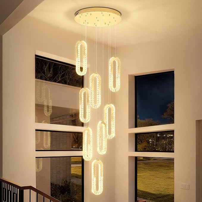 8 Rings Crystal Chandelier,H118 Modern Gold Pendant Light Luxury Foyer Lighting Fixture High Ceiling Chandelier for Entryway,Staircase,Living Room,Villa LED Dimmable 2700K-6000K
