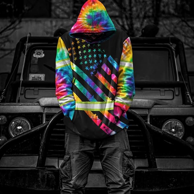 Color US Flag High Visibility Hoodie for Men Women Reflective Tapes Safety Workwear for Worker Runner Patriotic