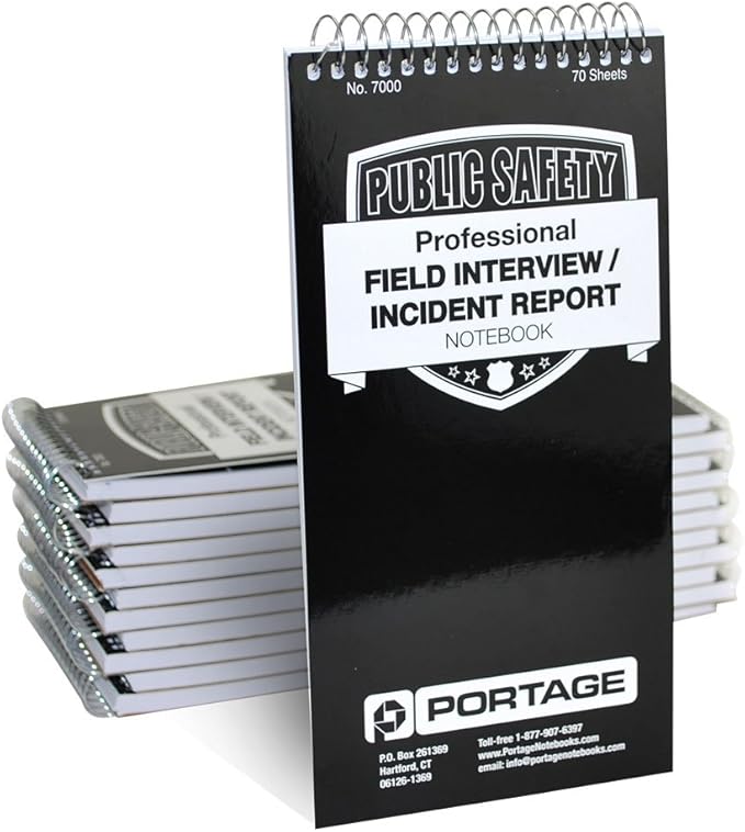 Public Safety Notebook – Spiral Notebook, Notepad, Writing Pad with Template for Interviews, Accidents & Incident Reports, Field Book for Police – 4 x 8 Inches, 70 Sheets / 140 Pages (Pack of 12)