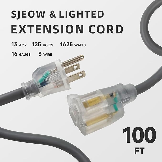 EP 100 Ft 16/3 SJEOW Heavy Duty Extension Cord, Grey Power Cable with LED Lighted Plug & 3-Prong Grounded Plug, Water-Resistant for Indoor/Outdoor Use, Lawn, Garden, Appliances & Tools