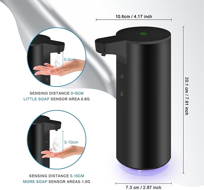 Automatic Soap Dispenser Stainless Steel with Sensor Infrared Soap Dispenser Electric IPX5 Waterproof USB-C Charging Motion Sensor for Kitchen & Bathroom (Black Foam)