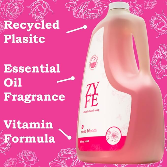 Vitamin Hand Soap Refill - Liquid Hand Soap - Natural Plant Derived Moisturizing Handsoap with Essential Oil Fragrance Rose Bloom - Soft Hand Wash for Kitchen & Bathroom - Lush Soft Soap 64oz
