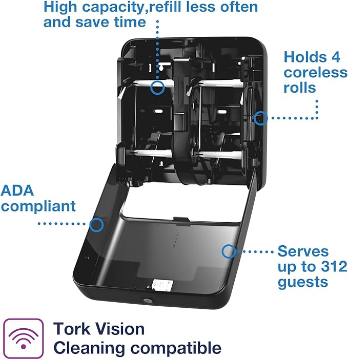 Tork OptiServe 4-Roll Coreless Toilet Paper Dispenser Black T7/T5, Vertical Dispenser, Elevation Design + Tork OptiServe Coreless Toilet Paper White T7, Universal, 2 Ply, 36 x 1000 Sheets