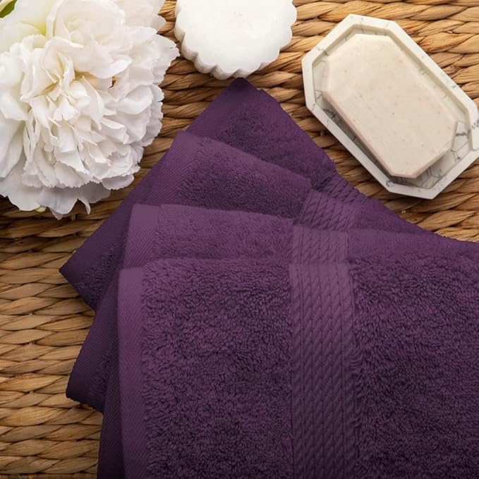 Superior Egyptian Cotton Pile Hand Towel Set of 4, Ultra Soft Luxury Towels, Thick Plush Essentials, Absorbent Heavyweight, Guest Bath, Hotel, Spa, Home Bathroom, Shower Basics, Plum