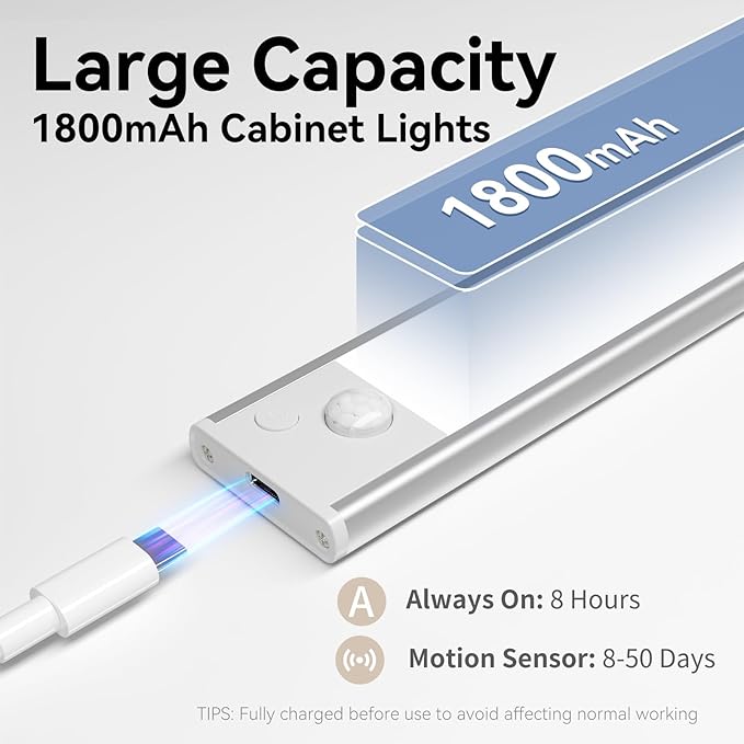 Under Cabinet Lighting, 3 Color Magnetic Motion Activated Under Cabinet Lights, Rechargeable Closet Lights 1800mAh Battery Operated, Wireless Dimmable Under Counter Lights for Kitchen,Hallway 2 Pack