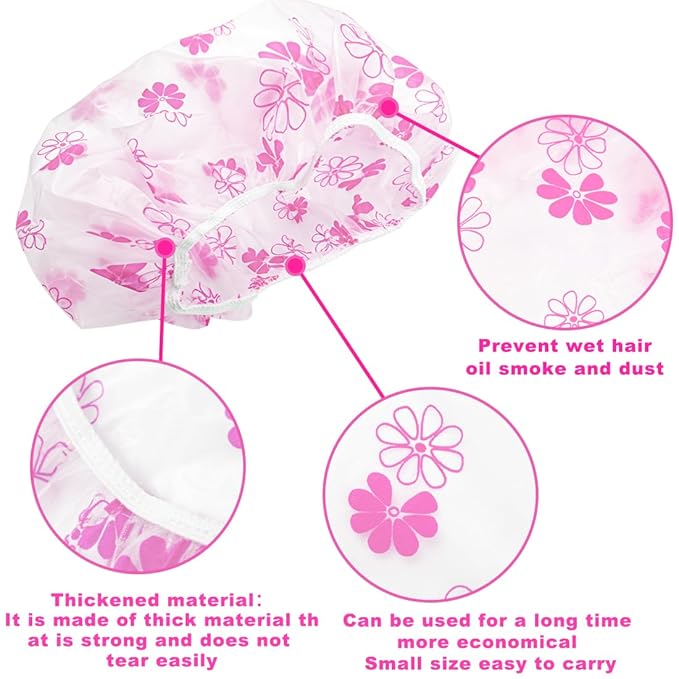 18Pcs Plastic Shower Caps for Women Waterproof Bath Caps Bathing Hair Cap Reusable Shower Caps for Shower,Spa,Salon,Housework,Girls,Home,Travel (Red-Flower)