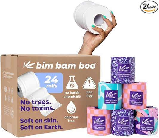 Bim Bam Boo 100% Bamboo Organic Chemical-Free Bulk Toilet Paper, Cloud-like Softness, Plant-Based Sustainable Tree-Free Bathroom Tissue, 24 Eco-Friendly Rolls, 2 Ply, 295 Sheets for RV and Camping