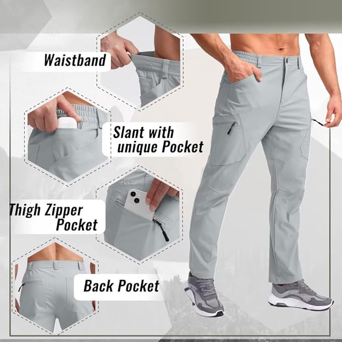 Pudolla Men's Lightweight Hiking Pants with 7 Pockets Quick Dry Water Resistant Fishing Travel Pants