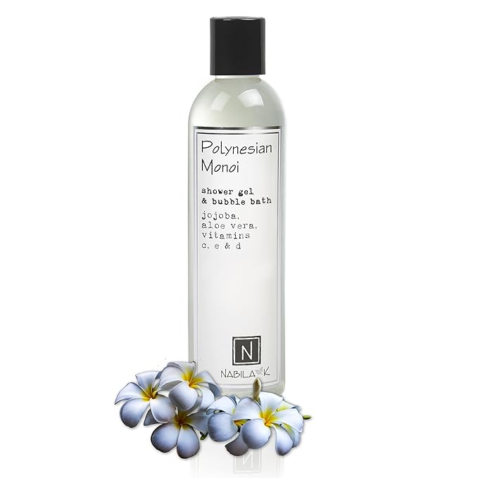 Nabila K Polynesian Monoi Shower Gel & Bubble Bath, 9 oz – Non-Drying Body Wash with Jojoba, Aloe Vera & Vitamins – Naturally-Derived, Sulfate-Free – Made in USA – For Men & Women