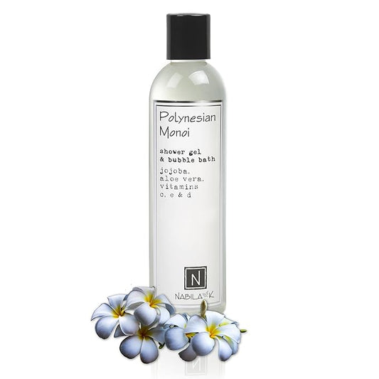 Nabila K Polynesian Monoi Shower Gel & Bubble Bath, 9 oz – Non-Drying Body Wash with Jojoba, Aloe Vera & Vitamins – Naturally-Derived, Sulfate-Free – Made in USA – For Men & Women