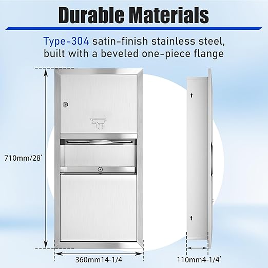 LEIFIDE Classic Stainless Steel Recessed Paper Towel Dispenser with 2 Gallon Waste Can Receptacle Wall-Mounted 28" Height, 14" Width for Bathroom Commercial Restrooms